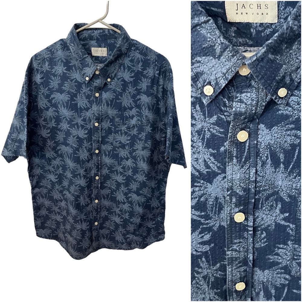 Jachs Seersucker Palm Tree Print Short Sleeved Shirt